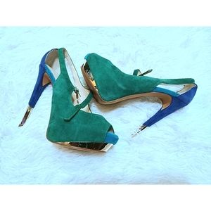 Suede Peep Toe Green & Blue High Heel Shoes
